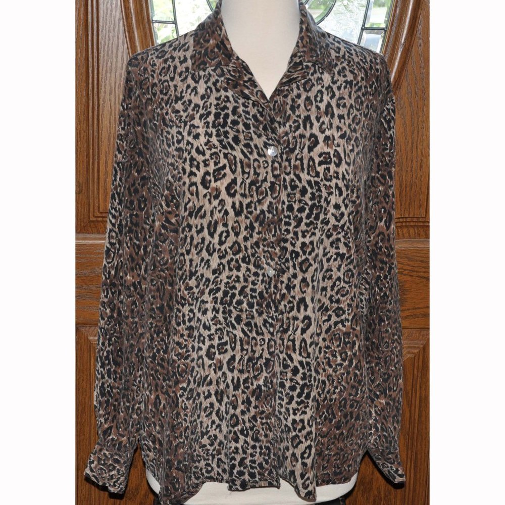 City Silk Woman's Leopard Print Long Sleeve Silk Blouse